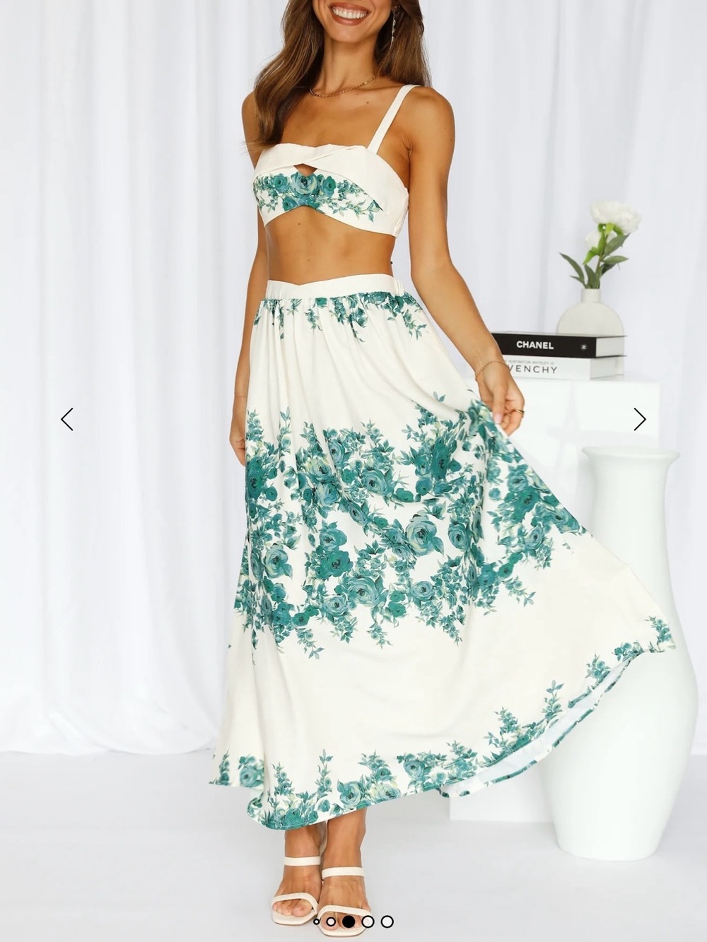 Hello Molly Cream Maxi Skirt with Green Floral Border